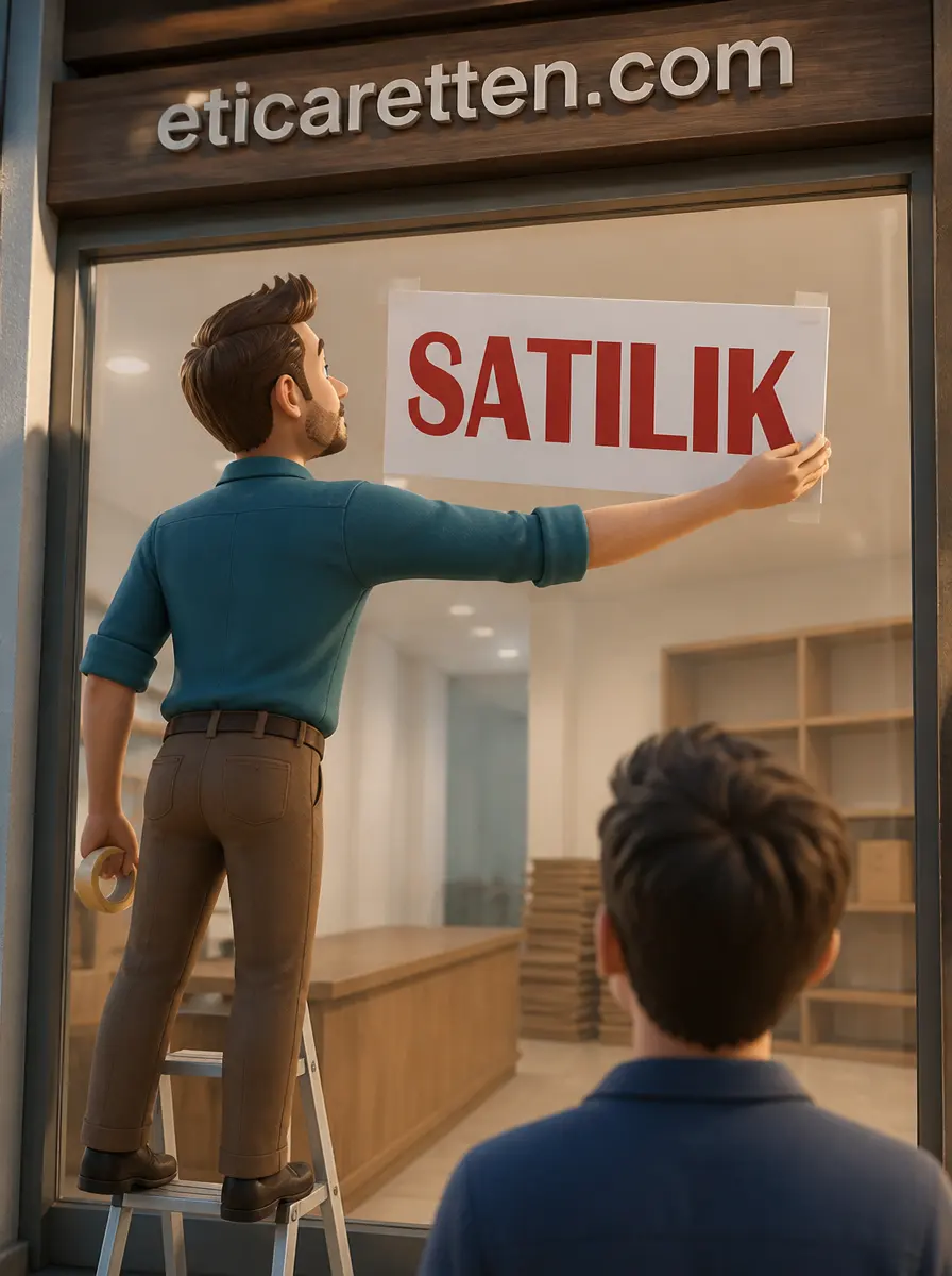 Bir dükkânın vitrinine SATILIK yazan bir afiş asılıyor; tabelada eticaretten.com yazıyor